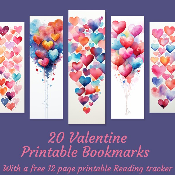 20 watercolor valentine printable bookmarks, sublimation bookmark set, gift for reading lovers and gift valentine days, gift valentine days