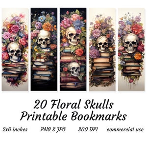 20 Floral Skulls Bookmarks, Gothic Bookmark Set, Bookmark Png, Bookmark ...