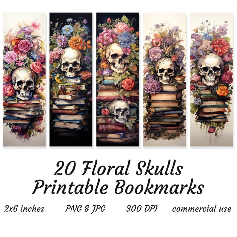 20 Floral Skulls Bookmarks, Gothic Bookmark Set, Bookmark Png, Bookmark ...
