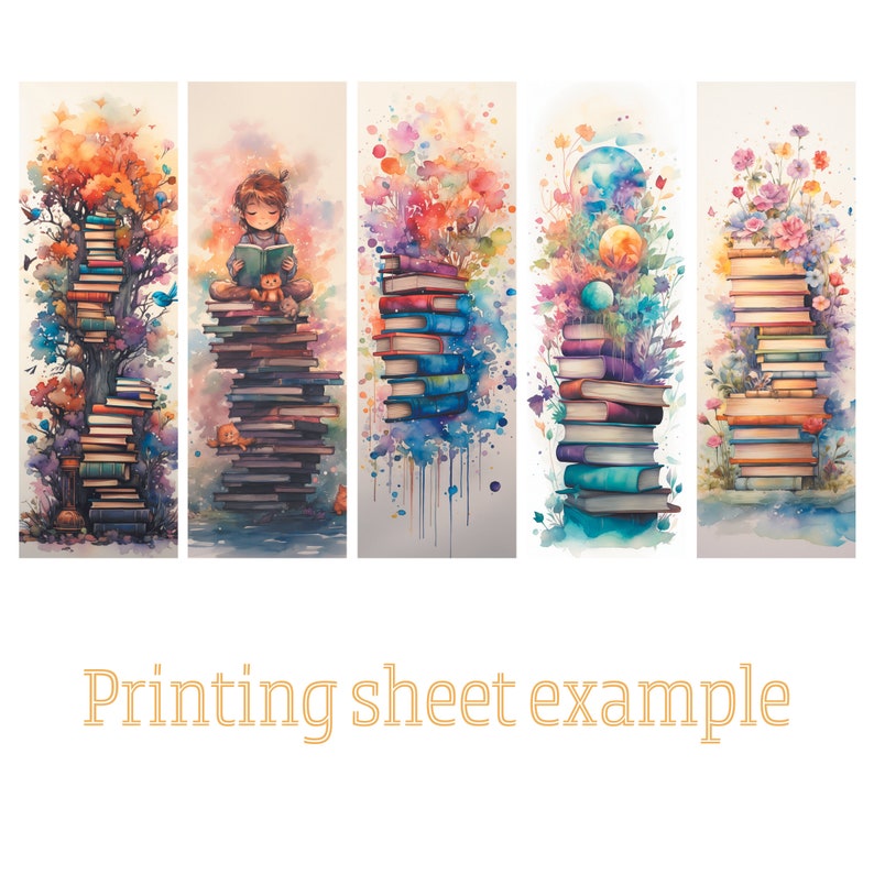 May include: Watercolor illustrations of stacked books with colorful accents. One image shows a child reading atop a book tower. Other images feature books with flowers, trees, and abstract splashes of color. The text "Printing sheet example" is at the bottom.