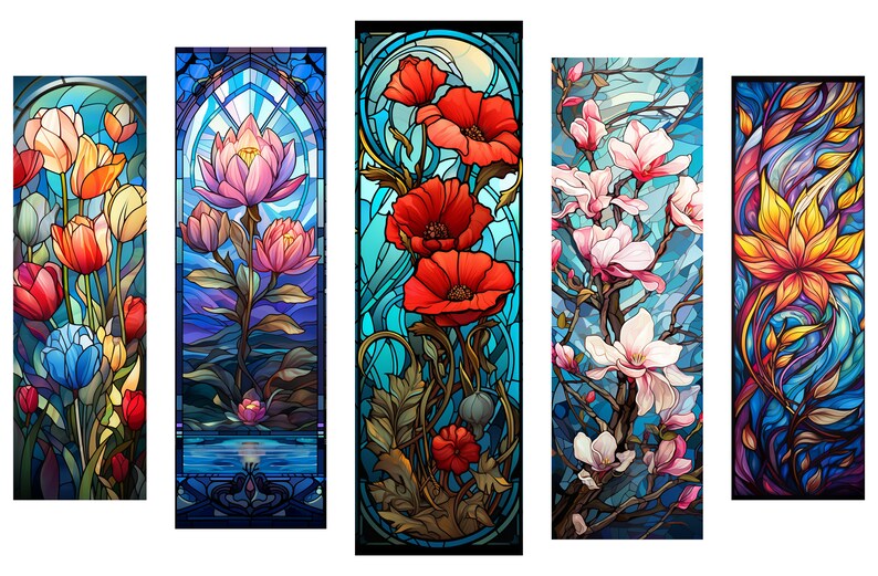 20 Stained Glass Flower Design Bookmarks, Floral Printable Bookmarks ...