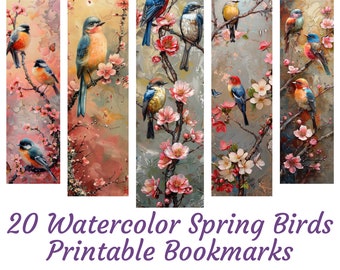 20 Watercolor Spring Birds bookmarks, printable bookmarks, sublimation bookmark set, digital download, gift for book lovers, bookmark lovers