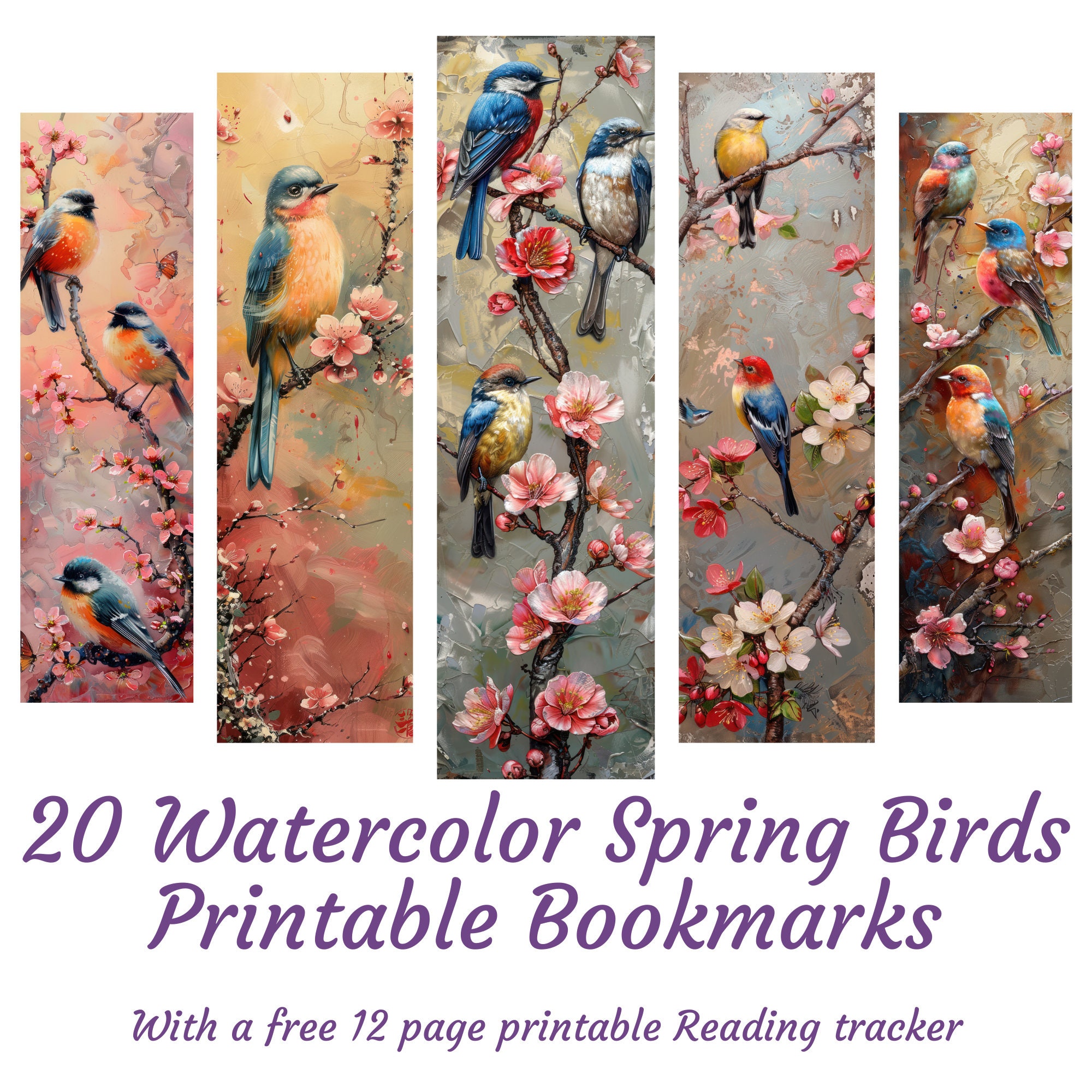 20 Watercolor Spring Birds Bookmarks, Printable Bookmarks, Sublimation ...