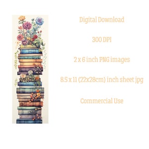 May include: Watercolor illustration of a stack of books adorned with colorful flowers and greenery. The books are in various colors, and the image includes text: Digital Download, 300 DPI, 2 x 6 inch PNG images, 8.5 x 11 inch sheet jpg, Commercial Use.