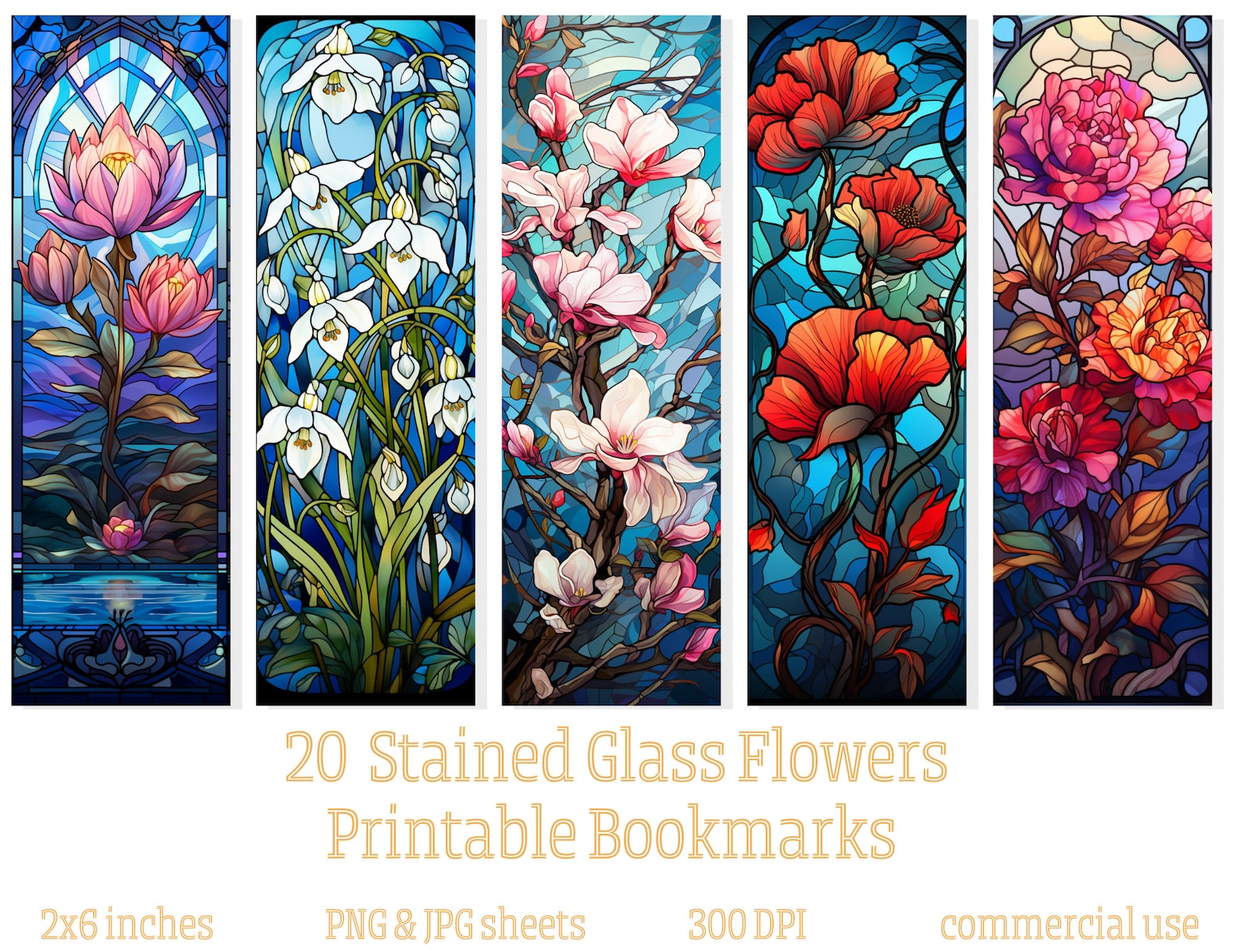 20 Stained Glass Flower Design Bookmarks, Floral Printable Bookmarks ...