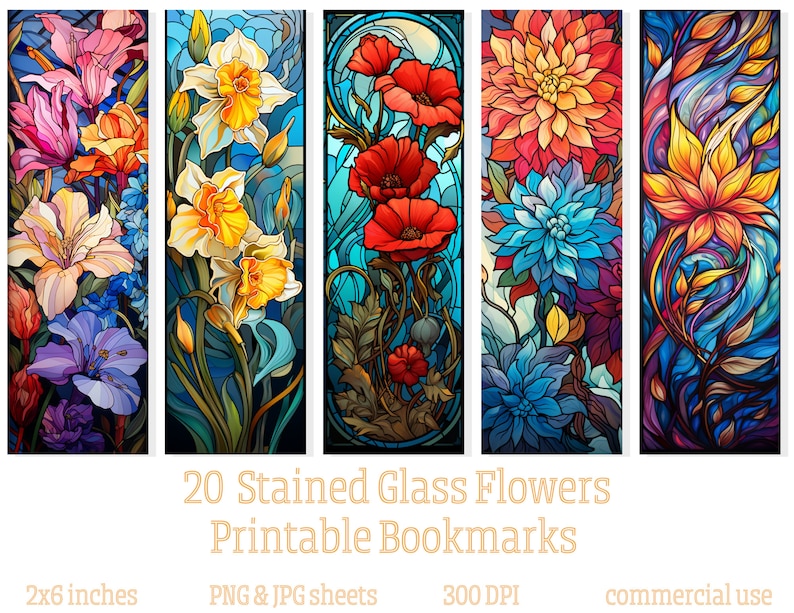 20 Stained Glass Flower Design Bookmarks, Floral Printable Bookmarks ...