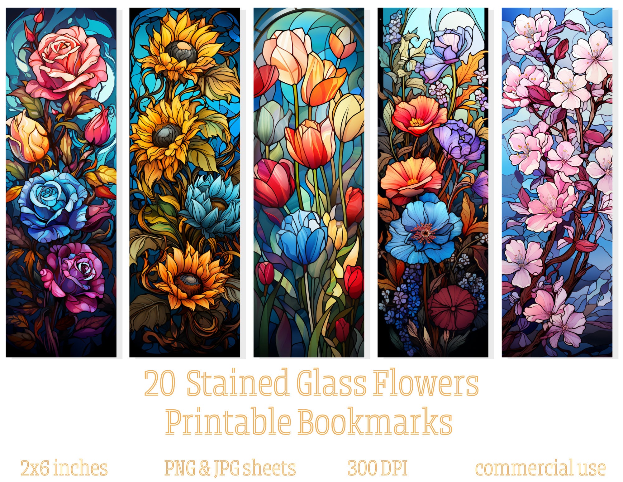 20 Stained Glass Flower Design Bookmarks, Floral Printable Bookmarks ...