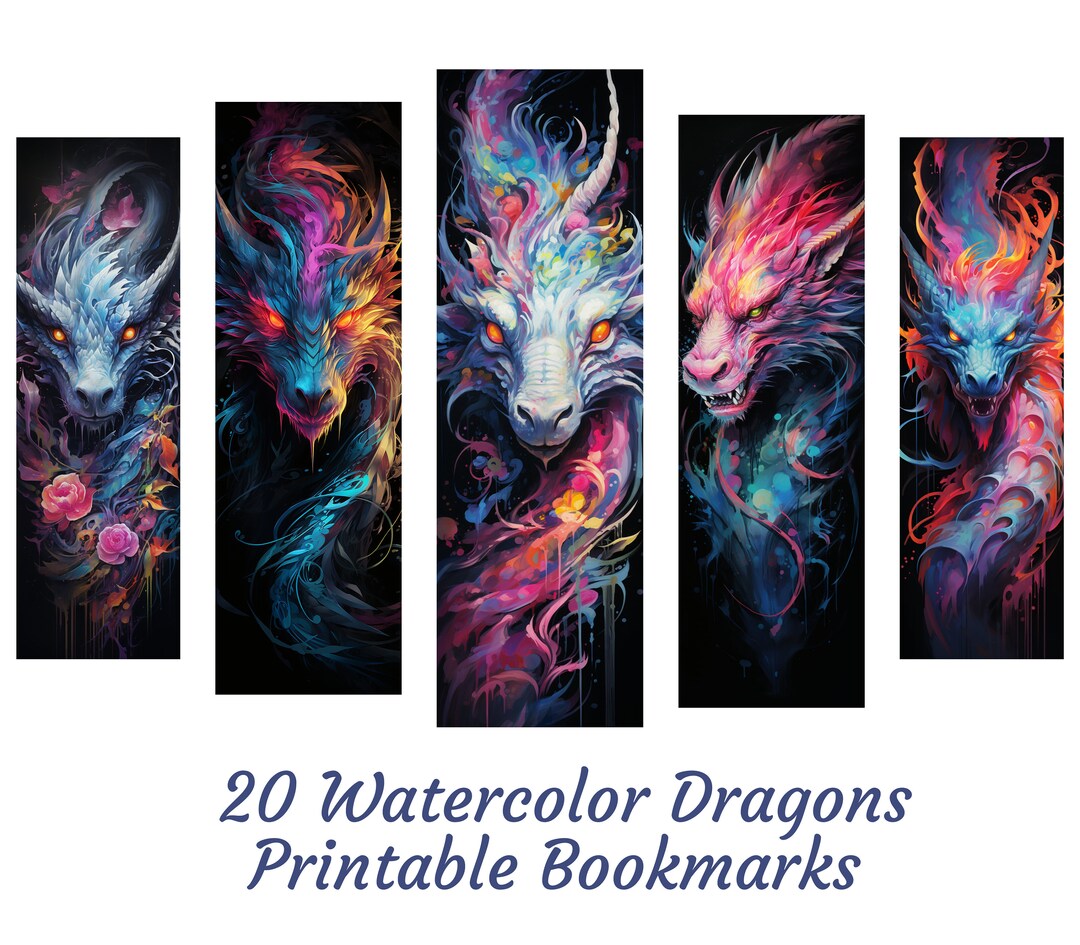 20 Watercolor Dragon Design Bookmarks, Fantasy Printable Bookmark Set ...