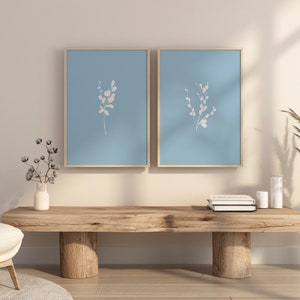 Light Blue Botanical Prints Set of 2, Minimalist Boho Flower Line Art Prints, Modern Living Room Wall Art,  Large Print, Printable Art