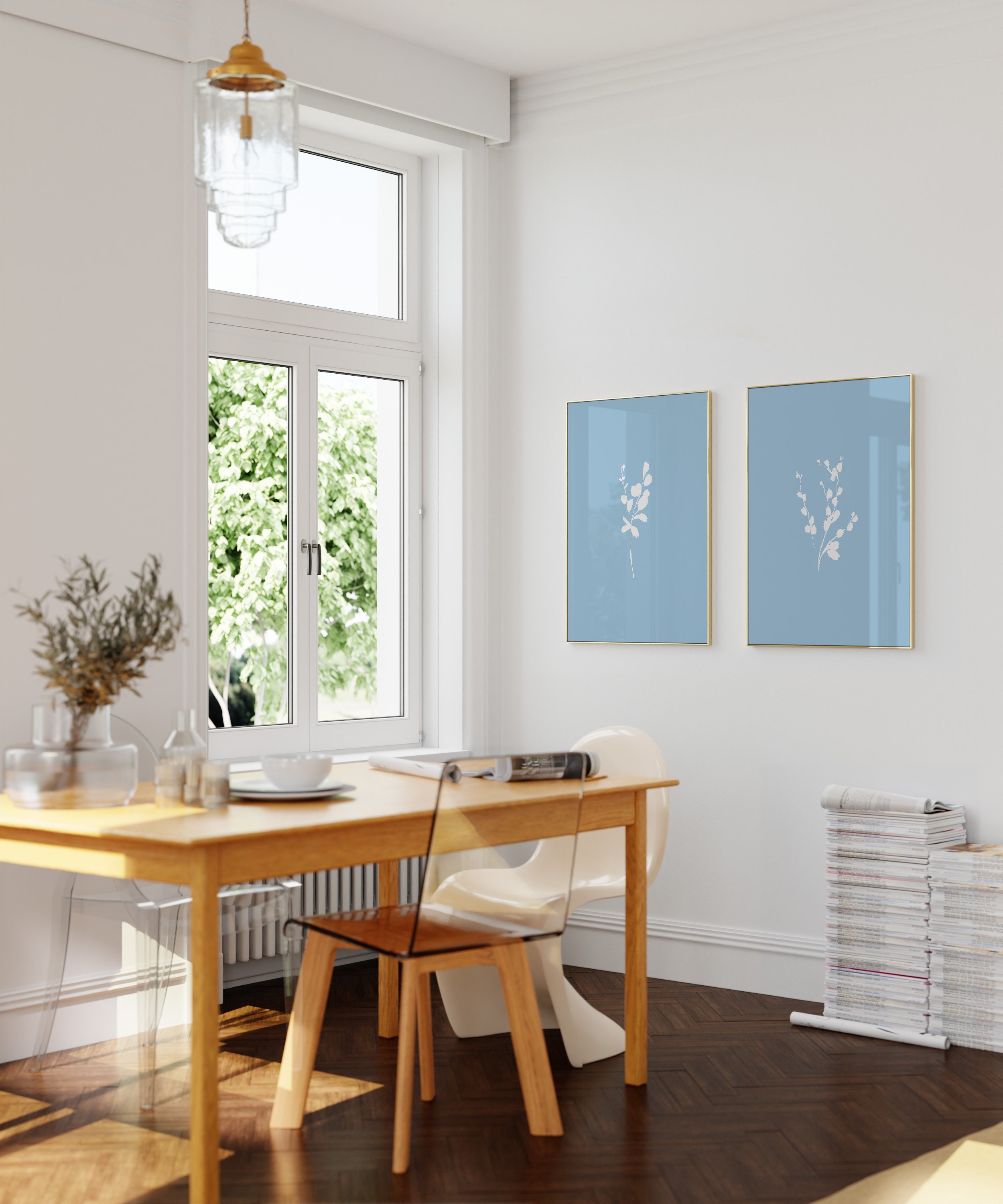 Light Blue Botanical Prints Set of 2, Minimalist Boho Flower Line Art ...