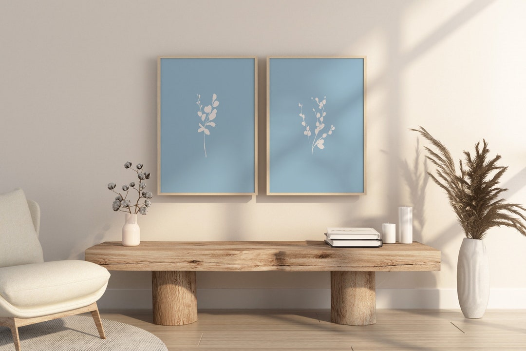Light Blue Botanical Prints Set of 2, Minimalist Boho Flower Line Art ...