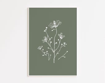 Sage Green Botanical Print, Minimalist Flower Line Art Printable Prints, Bohemian Boho Wall Art, Aesthetic Abstract Prints, Printable Art