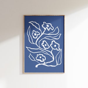 Blue Matisse Flower Print, Minimalist Simple Wall Art, Digital Wall Art, Modern Simple Living Room Wall Art, Modern Large Print