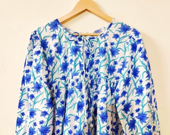 Blue Floral Block Print Maxi Dress: Bohemian Cotton Summer Dress