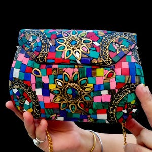 Floral Mosaic Clutch | Boho Metal Sling Bag | Handmade Mosaic Clutch Purse | Vintage Evening Wedding Party Clutch Bag
