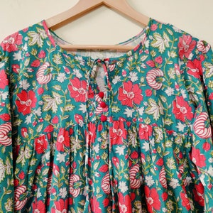 Hand Block Print Cotton Dress, Indian Vintage Boho Maxi Dress, Green Gauze Dress Perfect for Vacation or Work, Flowy Summer Dress