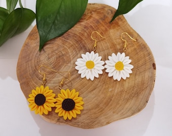 Boucles d'oreilles fleurs bohème Marguerite et Tournesol en argile polymère