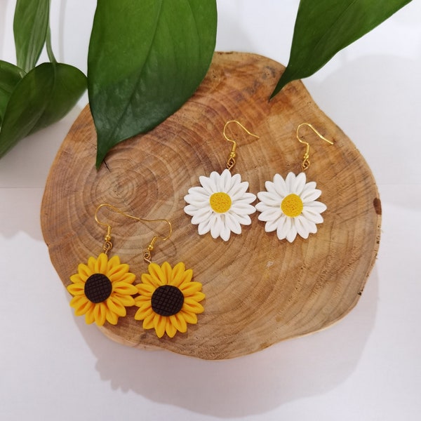 Boucles d'oreilles fleurs bohème Marguerite et Tournesol en argile polymère