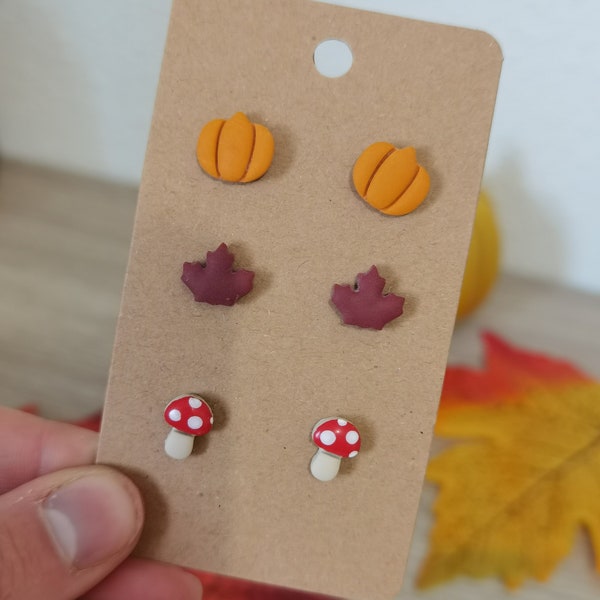 Boucles d'oreilles automne puces feuilles, citrouille et champignon