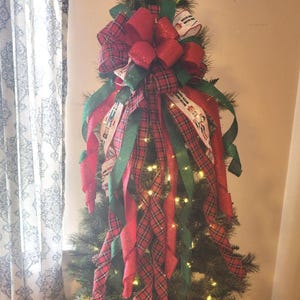 The Nancy Red & Green Christmas Tree Topper Bow, Xmas ribbon topper, XL extra long streamer bow, nutcracker bow for wreaths