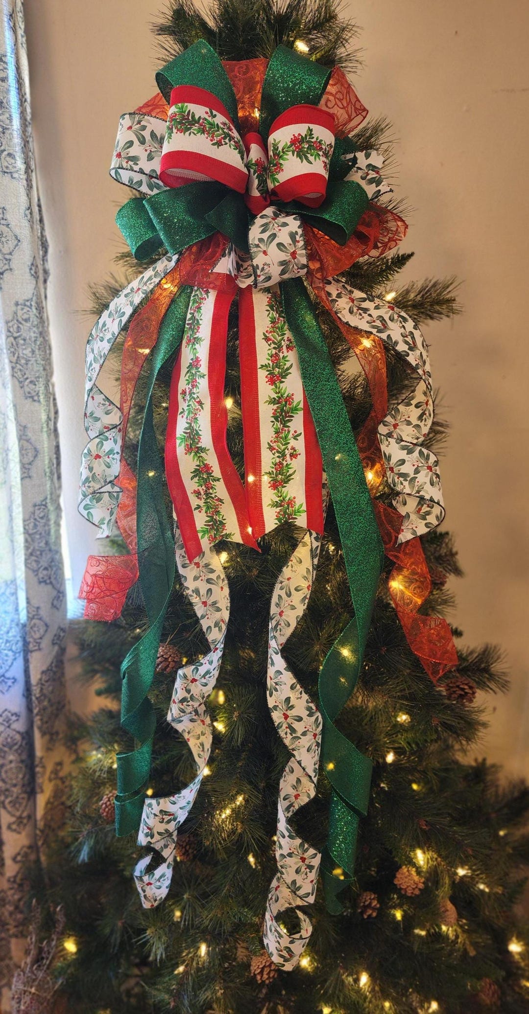 The Kimberly Red Christmas Tree Topper Bow, Xmas Ribbon Topper, Green ...