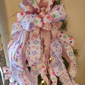 The Mitzi Whimsical Candy Colorful Pink Christmas Tree Topper Bow, Xmas ribbon topper, long streamer bow, Christmas decor, pastel Xmas bow