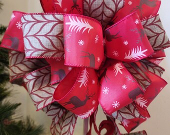 The Loretta Red and Natural Christmas Tree Topper Bow, Elk ribbon topper, wreath bow, lantern bow, bow for tree, mantel bow, farmhouse bow