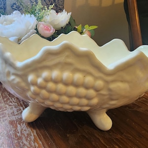 Vintage White Milk Glass Grapevine Footed Fruit Bowl, Classic Raised Vine Design, Elegant Table Decor Piece
