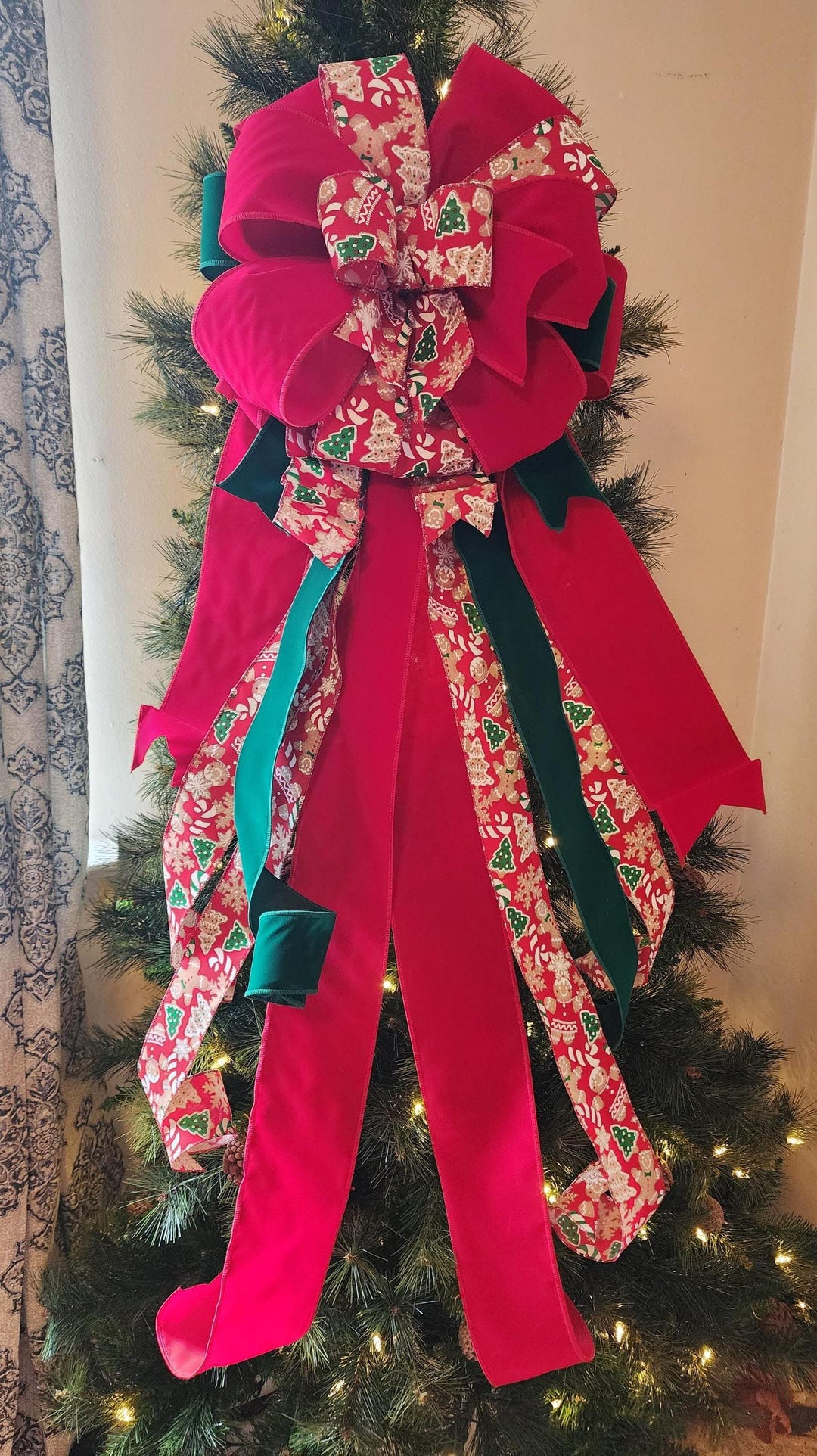 The Ginger Red Christmas Tree Topper Bow, XL Extra Long Streamer Bow ...