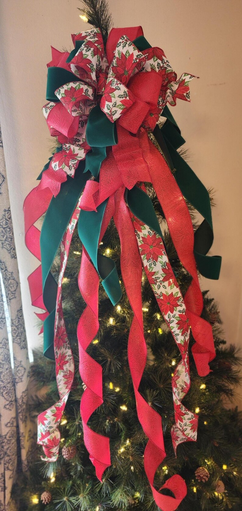 The Jane Red Christmas Tree Topper Bow, Green Xmas Ribbon Topper, XL ...