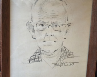 Jack Robertson Myrtle Beach Portrait, Framed Charcoal Drawing of Elderly Gentleman, Vintage Boardwalk Art 1957 Signed