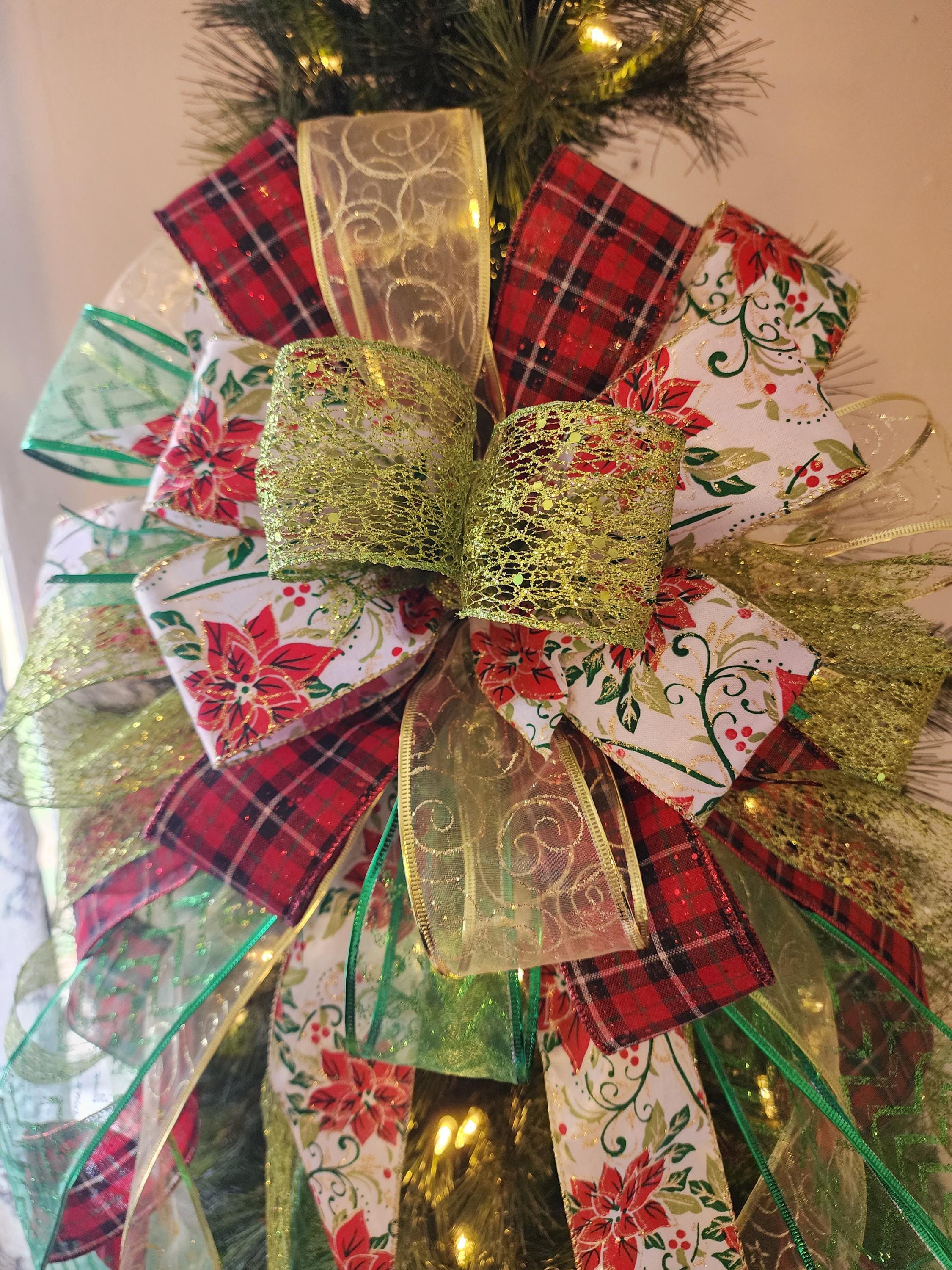 The Kasey Green Christmas Tree Topper Bow, Plaid Xmas Ribbon Topper, XL ...