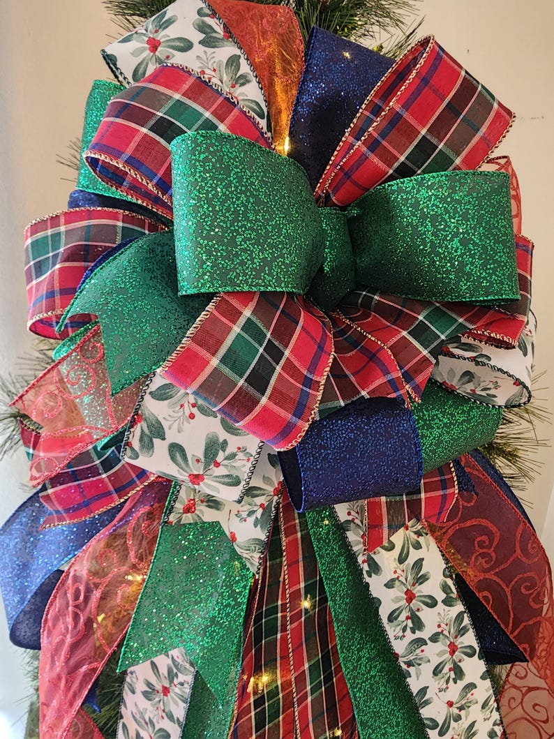 The Bianca Red & Green Christmas Tree Topper Bow, Xmas Ribbon Topper ...