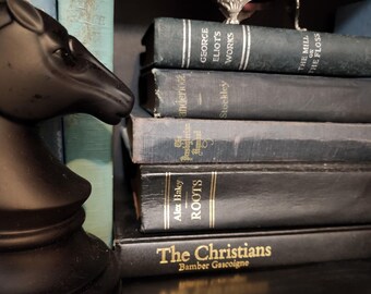 Set of 5 Vintage Black Toned Hardcover Books, dark books for decor, books for staging, mantel books, book stack, set decoration, centerpiece