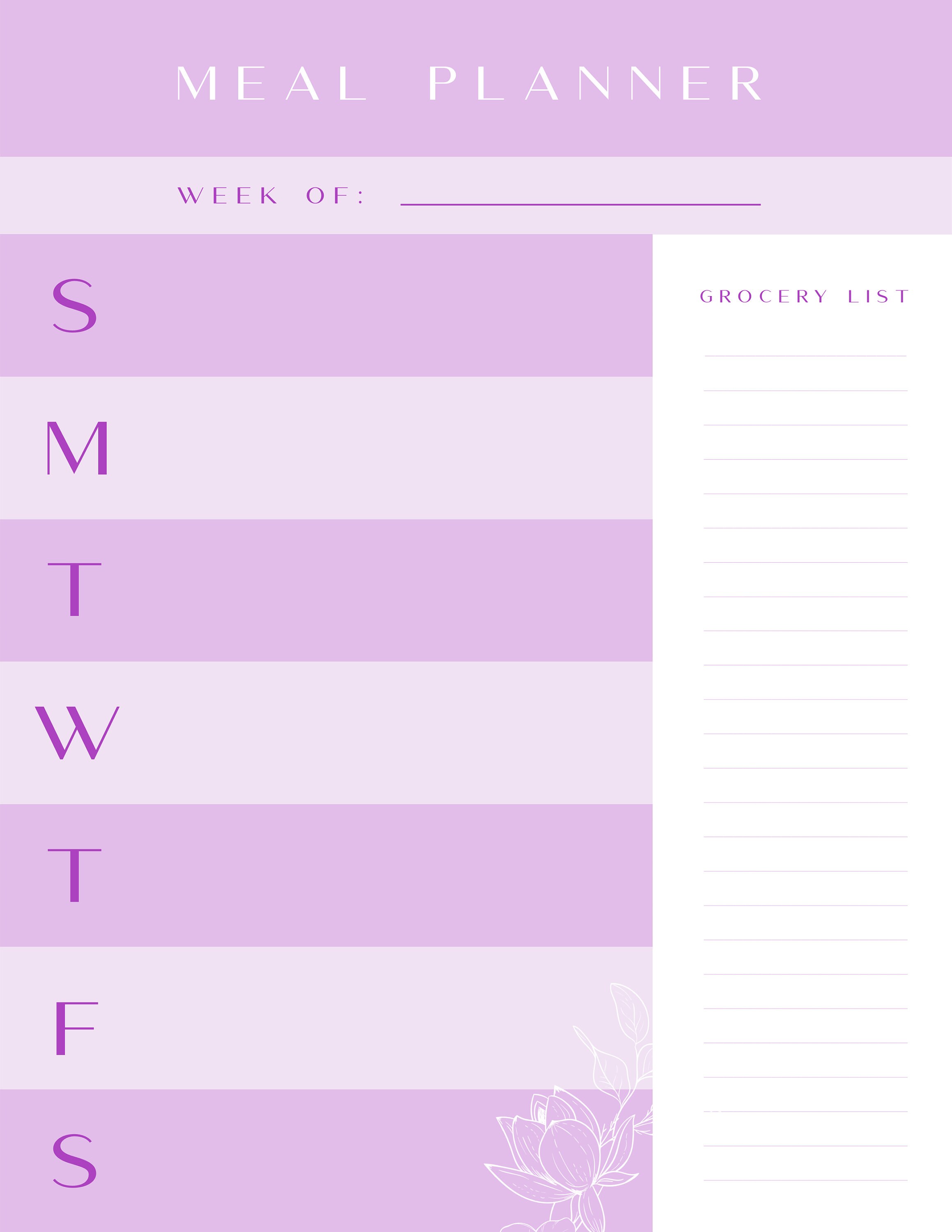 Weekly Meal Planner Printable Template, 7 Day Meal Plan, Food Planner
