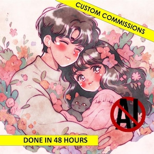 HANDDRAWN custom drawing for couple NO AI personalized drawing for family or couple pet custom drawing gift commission anime style couple