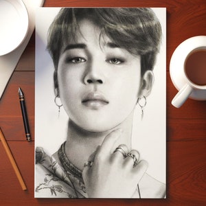 Ritratto di Jimin dei BTS, stampa Kpop in bianco e nero, formato A4, Bts Art, stampa Bts, fanart di Jimin, arte di idol Kpop, disegno di Jimin, estetica, BTS Wall Art