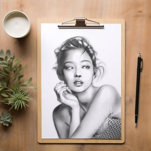 Schwarzpink Jennie Portraitzeichnung A4 A3 k-pop k-pop zeichnung schwarzpink zeichnung schwarzpink ästhetik ästhethik, zeichnung schwarzrosa Jennie Portrait