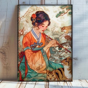 WALL ART traditional korean painting girl wearing hanbok playing the flute cat painting cute animals traditional wall art pastel colors