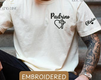 Embroidered Padrino T Shirt, Personalized Madrina Gift for Godmother Proposal, Godparents Gift, Godchild Name on Sleeve, Baptism Sweatshirt