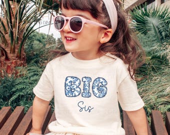 Toile De Jouy Big Sister Shirt, Chinoiserie Blue Sis Tee, Sibling Announcement Shirt
