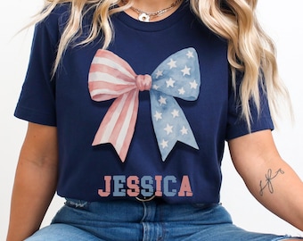 4th of July Shirt, Coquette American Flag Shirt, USA Bow Shirt, 4th of July Tee, Women's Patriotic Shirt, Red White and Blue, Memorial Day