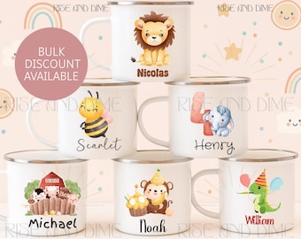 May include: White enamel mugs with various cartoon animal designs, including a lion, bee, elephant, monkey, and dinosaur. Each mug features a name, such as Nicolas, Scarlet, Henry, Noah, Michael, and William. The mugs have a silver rim and handle.