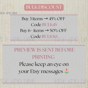 May include: A promotional graphic with text in a pink and white color scheme. The text reads "BULK DISCOUNT" and details discounts for buying multiple items. It also states that a preview is sent before printing and to check Etsy messages.