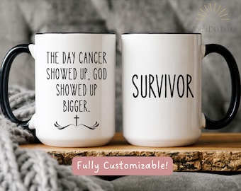 Personalized Christian Cancer Survivor Coffee Cup, God Showed Up Bigger Mug, Custom Cancer Support Gift, Faith Over Cancer Gift