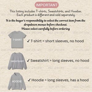 May include: Image showing examples of T-shirts, Sweatshirts, and Hoodies. The text explains the differences: T-shirts have short sleeves, sweatshirts have long sleeves, and hoodies have long sleeves and a hood. The listing includes these items.