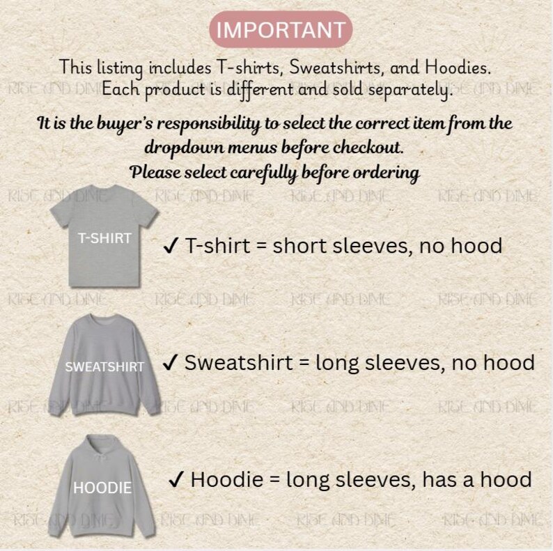 May include: Image showing examples of T-shirts, Sweatshirts, and Hoodies. The text explains the differences: T-shirts have short sleeves, sweatshirts have long sleeves, and hoodies have long sleeves and a hood. The listing includes these items.