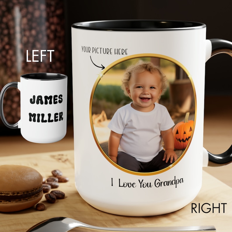 May include: A white ceramic mug with a black handle and interior. The left side displays the name James Miller in black text. The right side features a circular gold-framed photo of a child, the text Your Picture Here, and I Love You Grandpa.