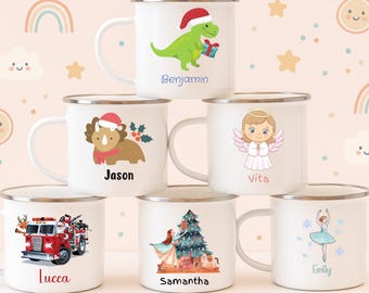 May include: Six white enamel mugs with silver rims, each featuring a unique holiday-themed illustration and a personalized name. Designs include a dinosaur with a Santa hat, a triceratops, an angel, a fire truck, a Christmas tree, and a ballerina.