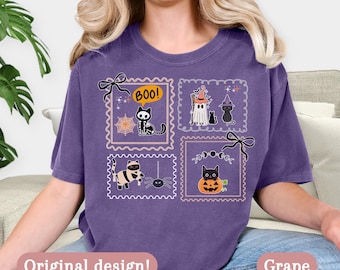 Comfort Colors Halloween Cat Shirt, Spooky Vibe Black Cat Ghost Tee, Cat Lover Halloween Shirt, Retro Halloween T-Shirt, Cute Fall Shirt